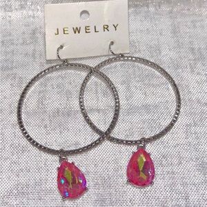 Silver Hoop Earrings with Pink Teardrop Crystal